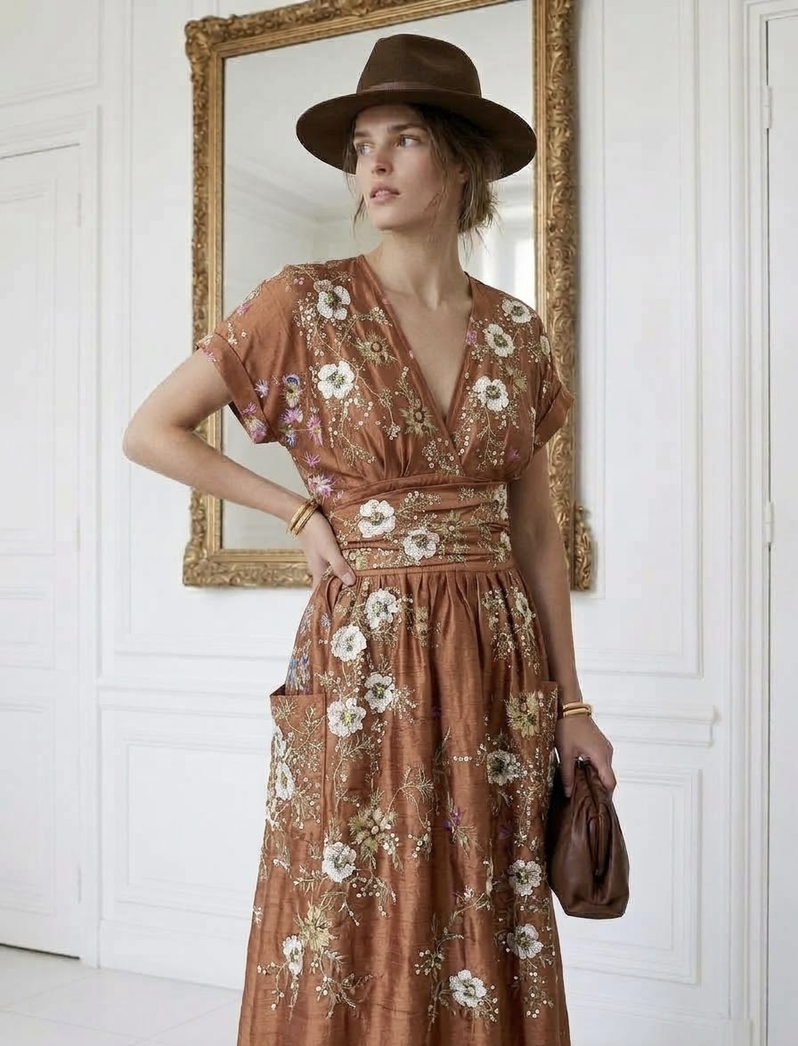 Robe Sienna en Crêpe de soie – Broderies Florales Main Pièce Unique